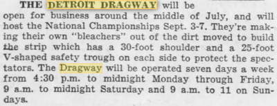 Detroit Dragway - 1959 Article - Open 7 Days Per Week